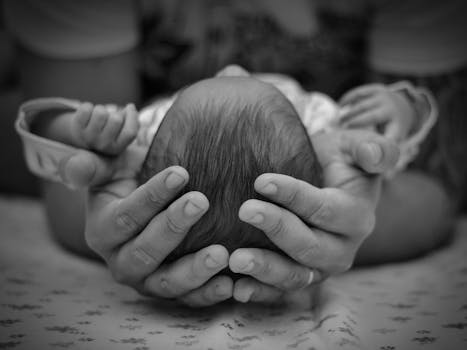 Black and white photo of a parent gently holding a newborn baby's head, showcasing love and care.